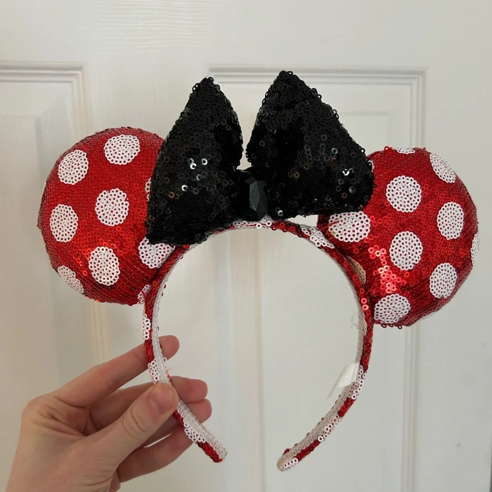 Disney Red and White Polka Dot Sequin Minnie Mickey Ears with Black Bow